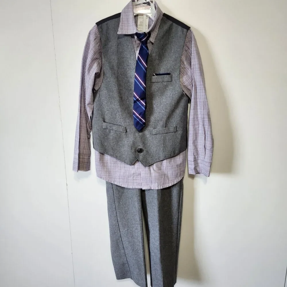 Van Heusen Boys 4-Piece Suit Set Size 7 Grey Tweed Vest Pants Plaid Shirt Tie
